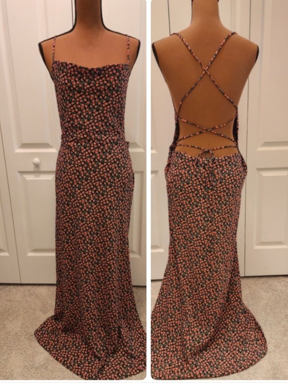 Homecoming Whimsygoth Romantic Floral Backless Strappy Maxi Dress - Black/Pink
